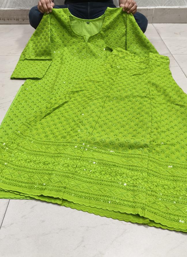 Cambric Cotton Parrot Green Festival Wear Chikankari Phulkari Kurti With Palazzo